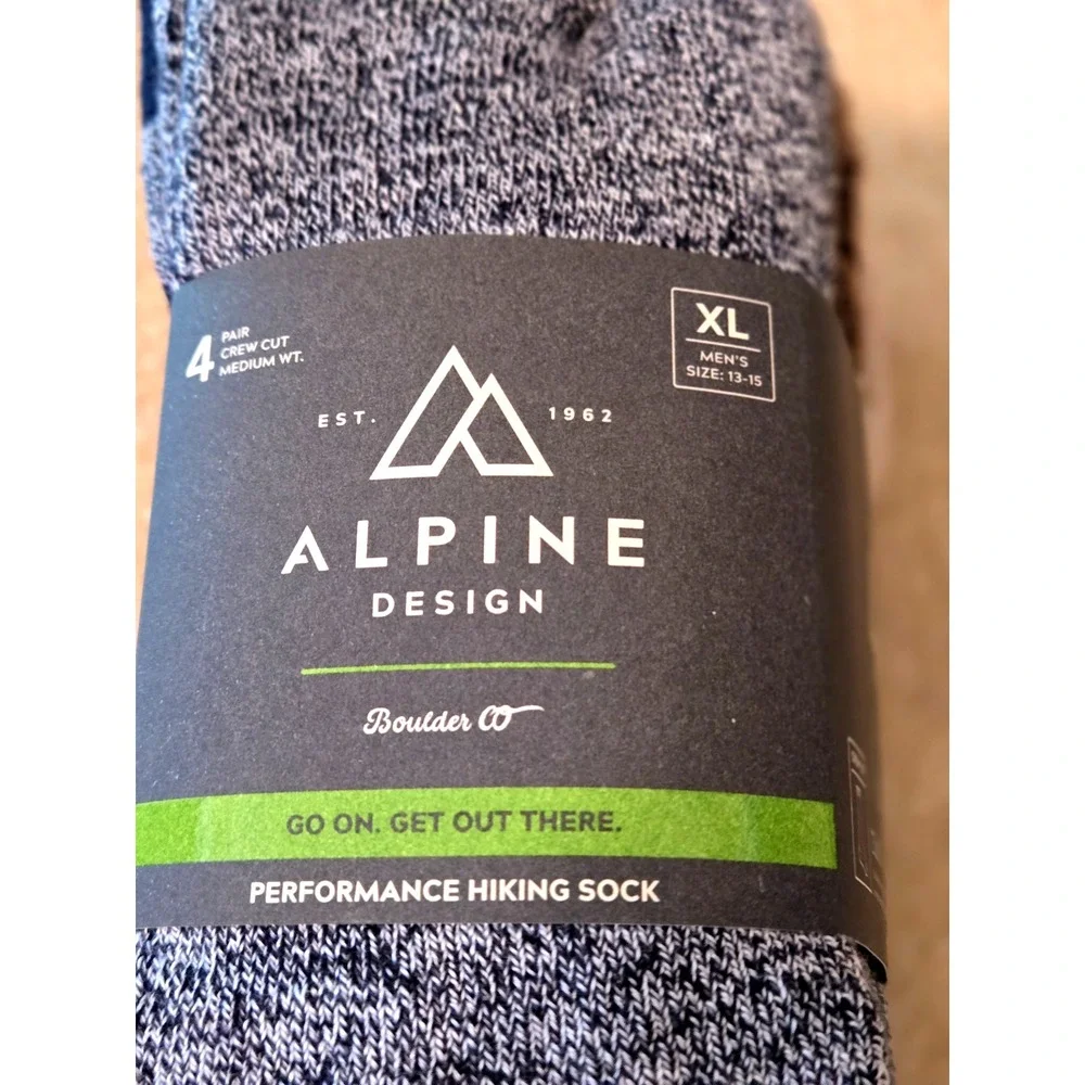 Alpine Design Performance‎ Hiking Sock Men's XL Assorted Grey 4-Pak